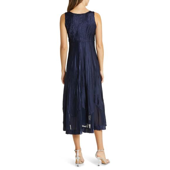 KOMAROV Women's Navy Beaded Charmeuse & Chiffon Tiered Midi Dress Size L NWT - Picture 2 of 13